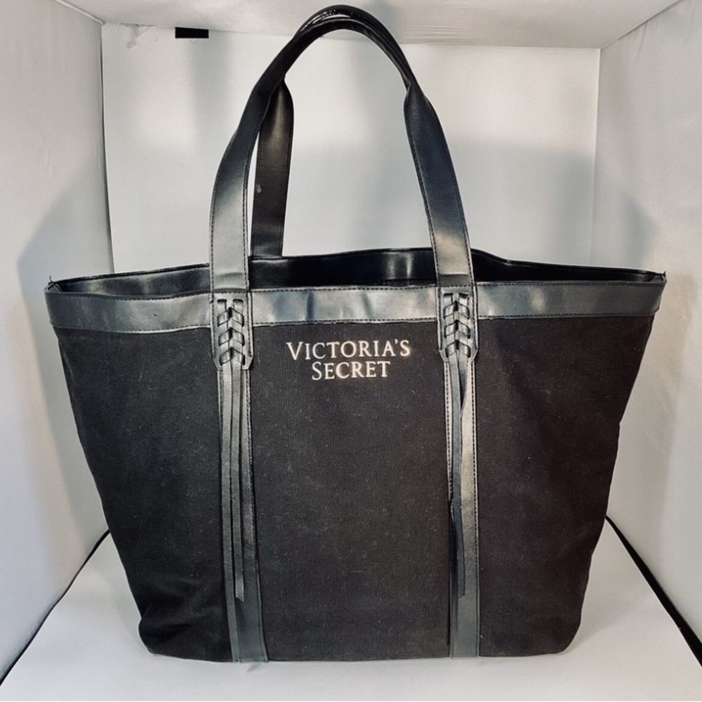 Victoria's Secret Large Black Canvas & Faux Leather Trim & Fringe Tote Bag EUC